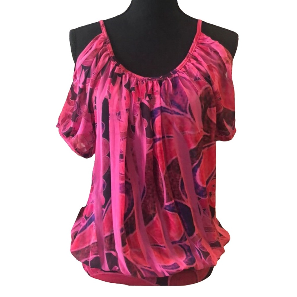 VTG BODY CENTRAL COLD SHOULDER SHORT SLEEVE ABSTRACT PRINT BLOUSE PINK PURP SZ M - Picture 3 of 16